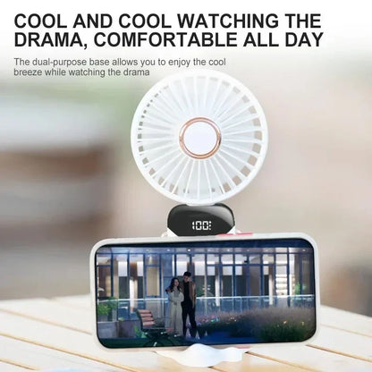 Rechargeable Personal Fan with Digital Display, Foldable Neck or Desk Design, 5-Speed Airflow and Phone Stand for Summer
