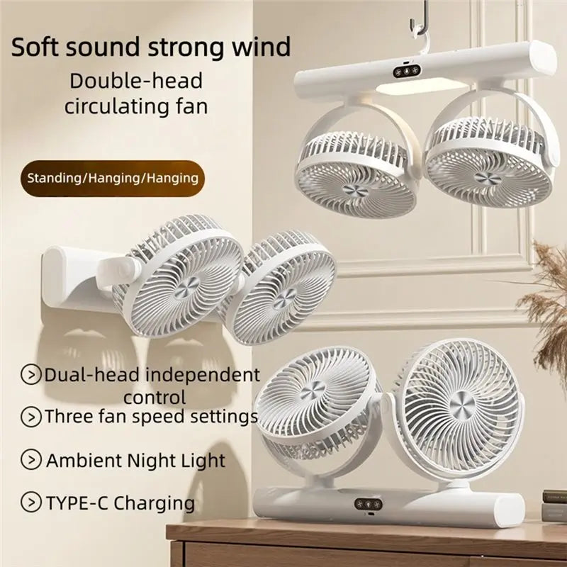 AC39-FS-39 Rechargeable Double Head Fan For Home, Dorm& Outdoor, Portable Fan,Versatile Design