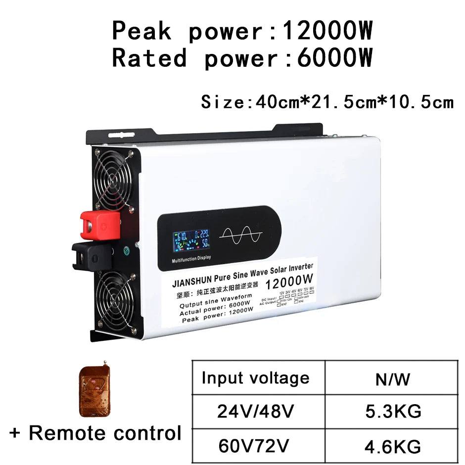 5000W 6KW 8KW 10KW 12000W Pure Sine Wave Inverter 12V/24V/48V/60V/72V/96V Power Inverter 110V 220V Solar Car Inverter Converter