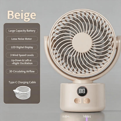 USB Rechargeable Silent Oscillating Fan with Long Battery Life High Airflow Outdoor Camping Circulator for Home Office Use