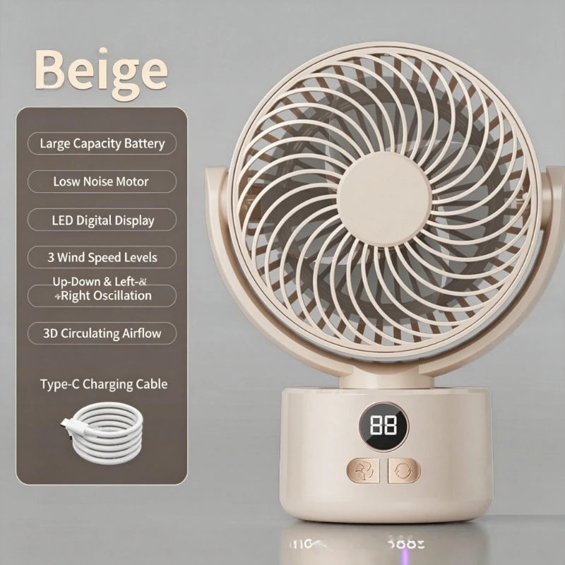 USB Rechargeable Quiet Oscillating Fan Long Battery Life High Airflow Camping Circulator for Home Office Use