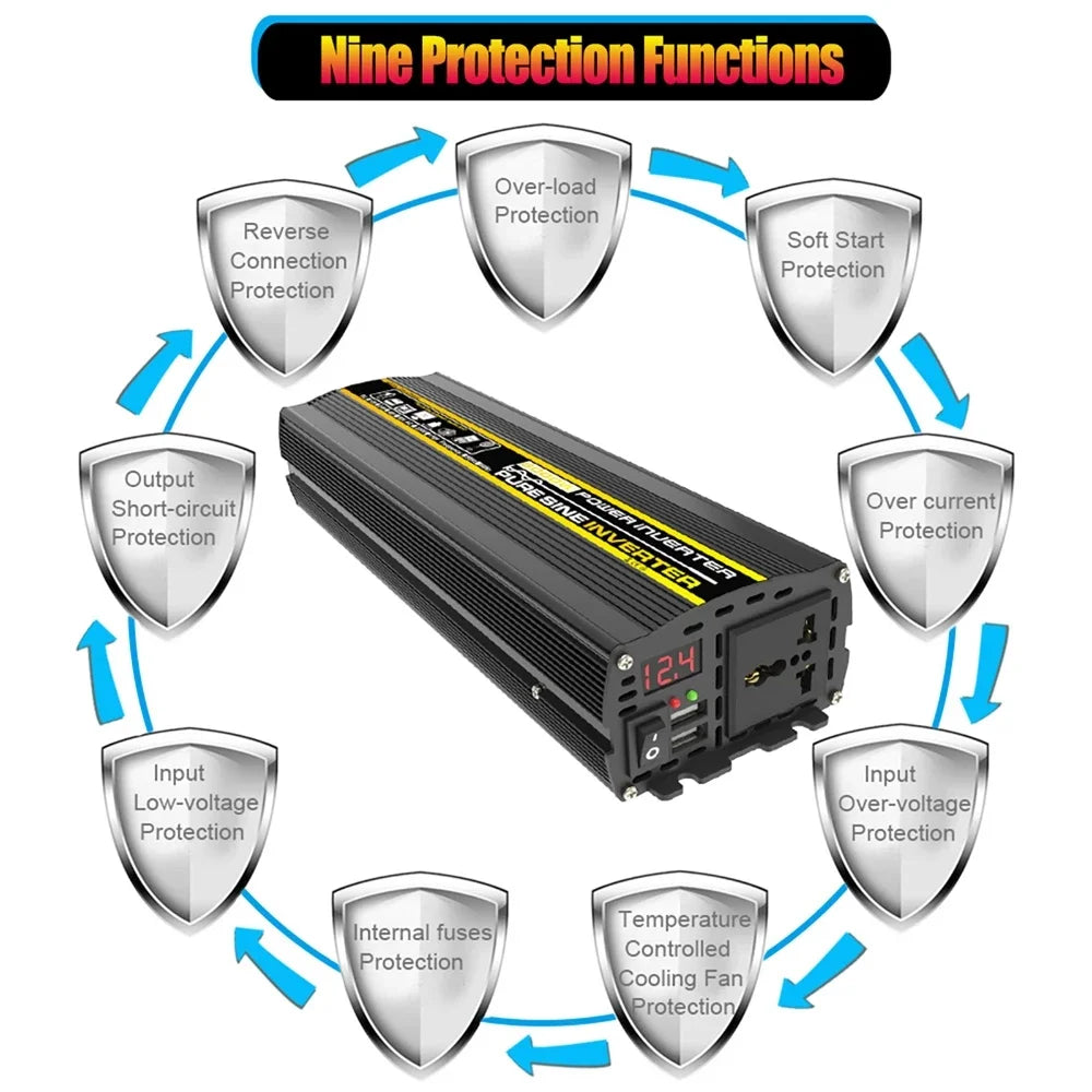 3000W-8000W Pure Sine Wave Power Inverter Voltage Transformer Intelligent Digital Display Car Home DC12V to AC 220V Converter
