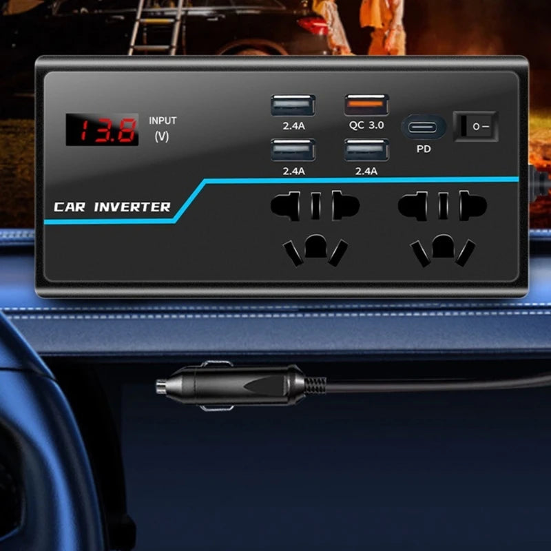 Portable Car Inverter Converts 12V/24V  to 110V/220V  with Voltages Display Compact Vehicle Inverter Simple Operate D7YA