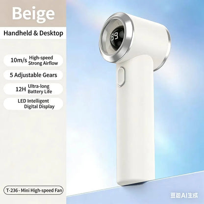 T-236 USB Rechargeable Mini Fan, 199 Speeds, LED Display, 12H Battery, Portable Handheld & Desktop Fan for Travel, Camping