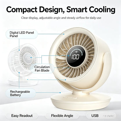 USB Rechargeable Air Circulator Fan with Digital Display Long Battery Life Small Desk Fan for Office Dorm Home Portable