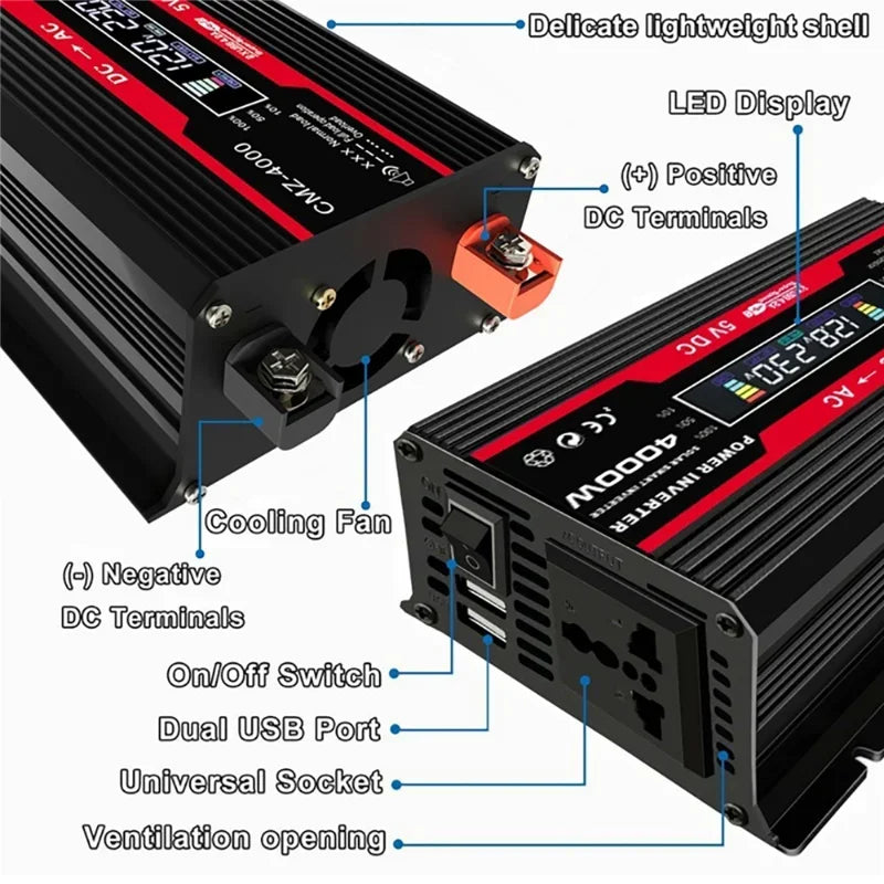 Solar Power Inverters 4000W Modified Sine Wave USB Car Inverter DC 12V 220V 110V LCD Display Transformer Voltage Converter