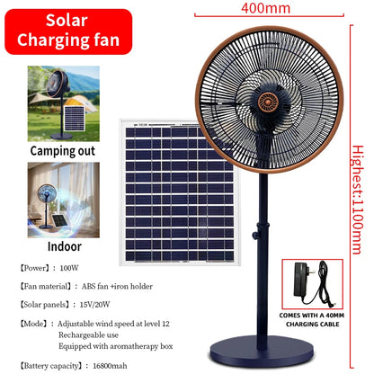 Solar Power Rechargeable Portable Solar Fan 16-Inch 16800mAh 100W Floor Fan 3D Air Circulation Electric Stand Fan Outdoor Use