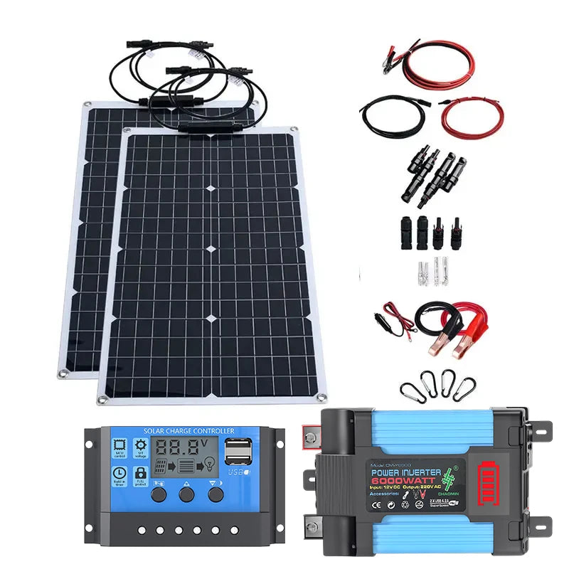 2000W All-in-One Solar Kit | 4000-6000W Inverter & Flexible Panel | 110V/220V Output for Home, Camping, Off-Grid Power