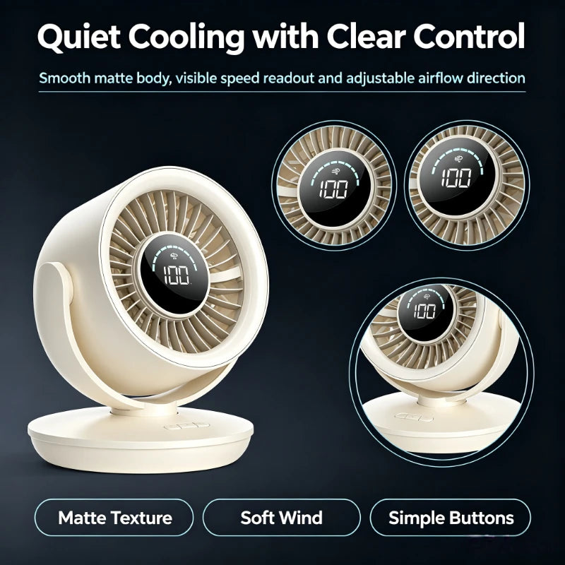 USB Rechargeable Air Circulator Fan with Digital Display Long Battery Life Small Desk Fan for Office Dorm Home Portable
