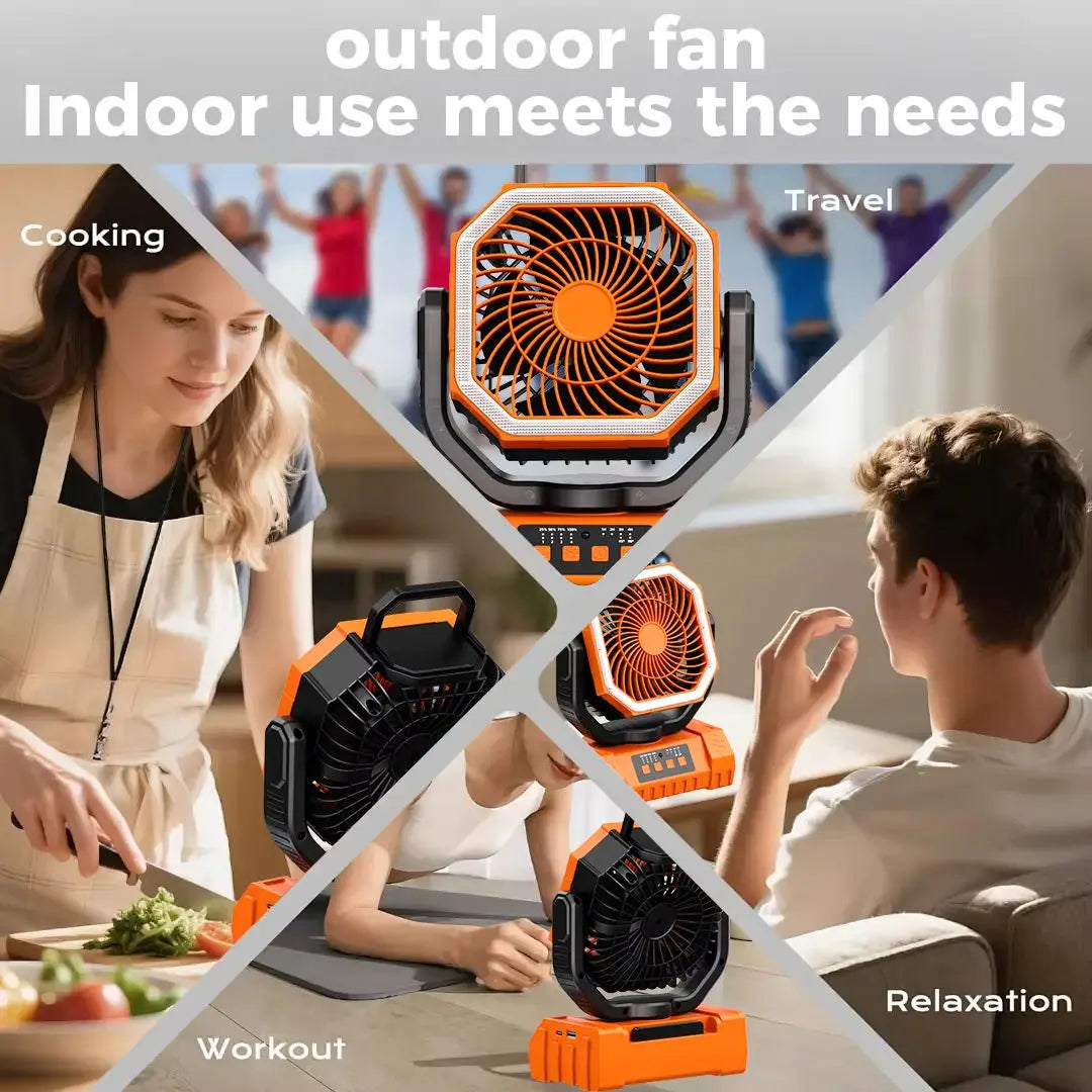 Rechargeable Camping Fan with 20000mAh Battery 4 Speeds LED Light And Hook - Outdoor Fan for Party Power Outage And Fishing