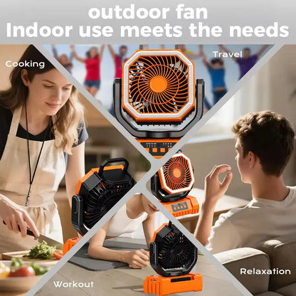 Rechargeable Camping Fan with 20000mAh Battery 4 Speeds LED Light And Hook - Outdoor Fan for Party Power Outage And Fishing