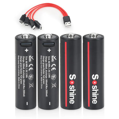 Soshine AA and AAA Li-ion Rechargeable Batteries USB Lithium 1.5V AA 2600mWh 3500mwh 4200mwh +1.5V AAA 600mwh 1100mWh Battery